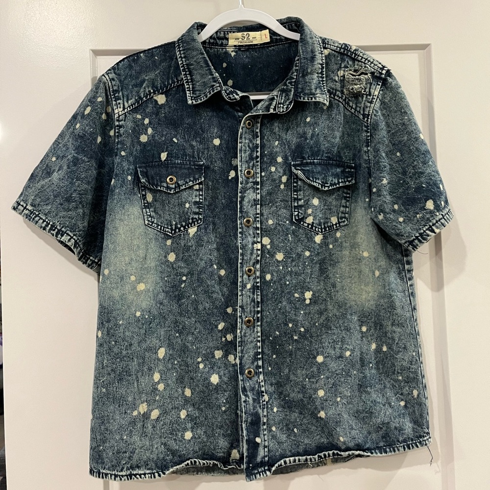 S2 PREMIUM Denim Goods Short Sleeved Distressed Bleached Button Up Shirt
